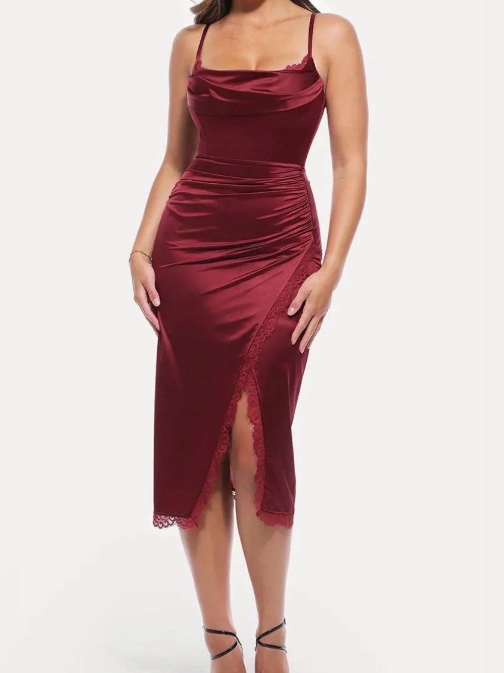Popilush corset top Satin Lace-Trim Midi Dress in Wine, w/shapewear size XL NEW